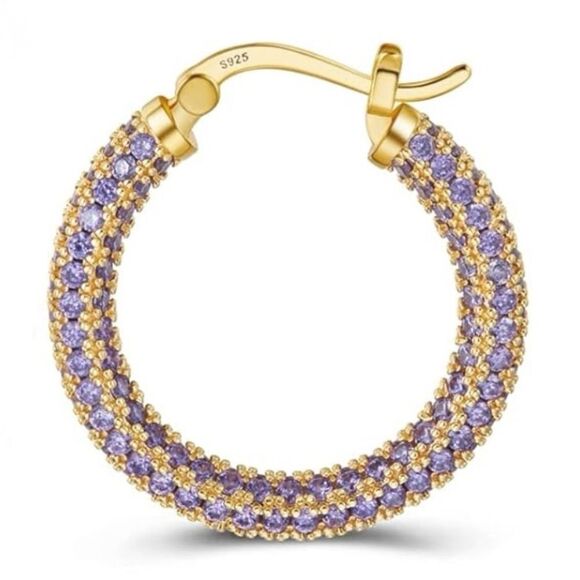 14K Yellow Gold Sterling Silver and Purple Amethyst Cubic Zirconia Hoop Earrings - Picture 2 of 6